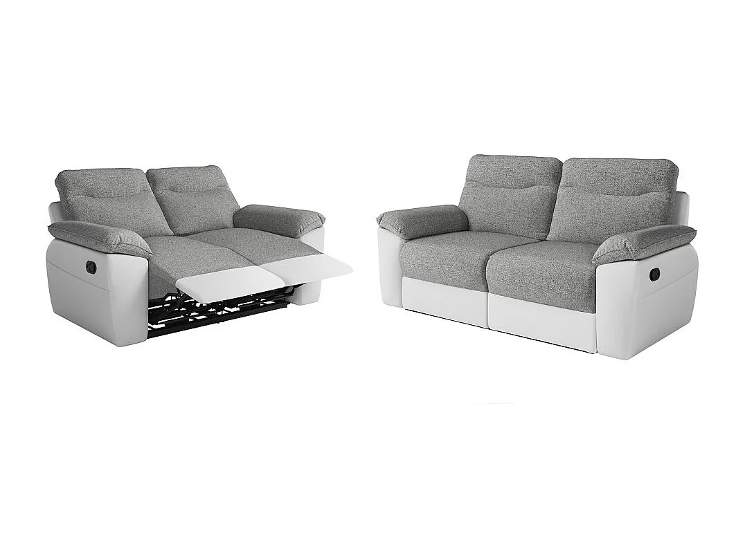 PACK - Canapé de relaxation ROSS manuel 2 et 3 places en tissu et simili - Blanc/Gris