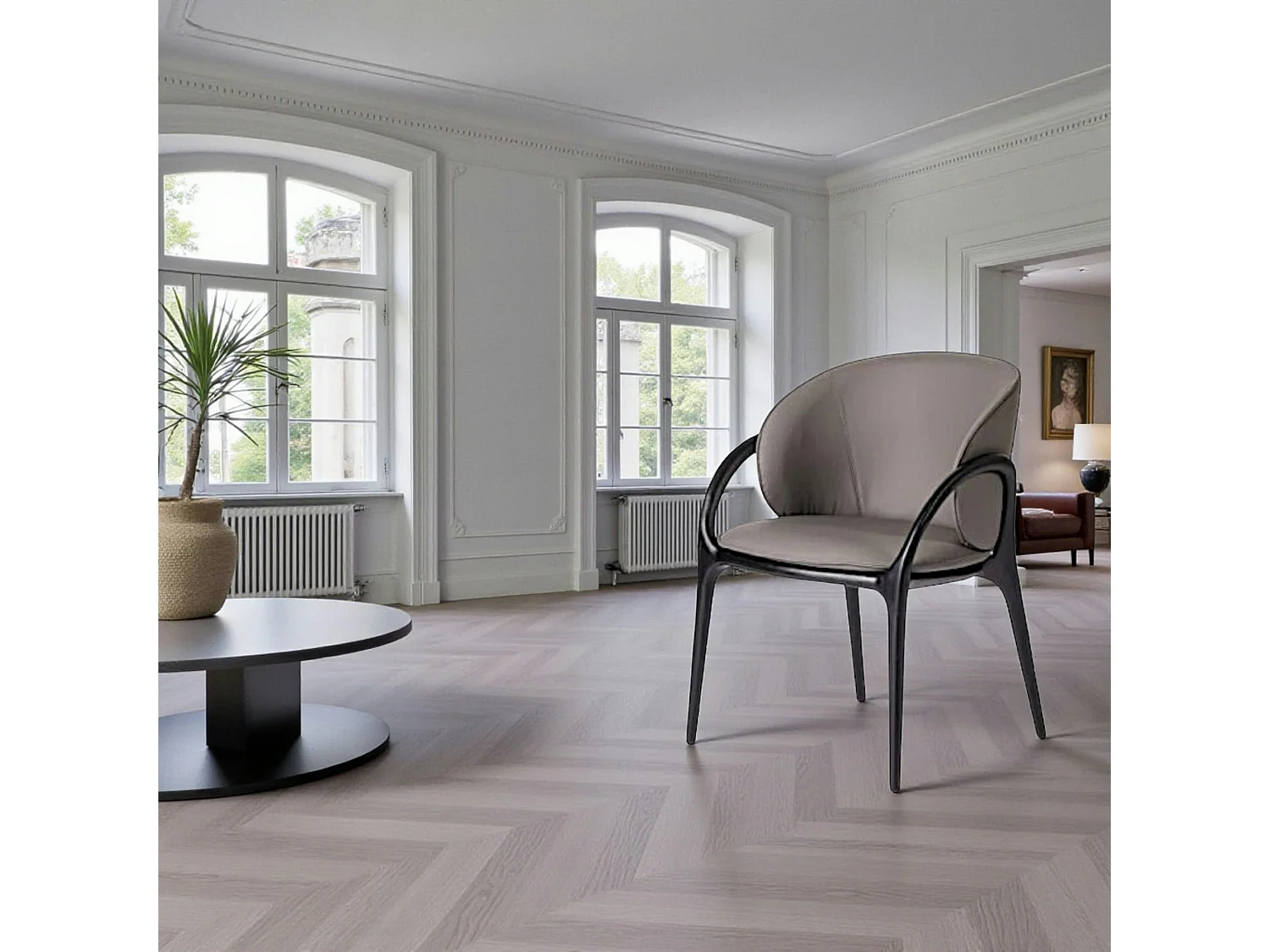 Chaise en cuir gris foncé dos rond accoudoirs bois noir ALDER