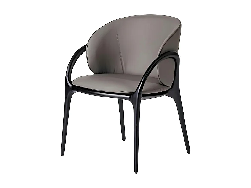Chaise en cuir gris foncé dos rond accoudoirs bois noir ALDER