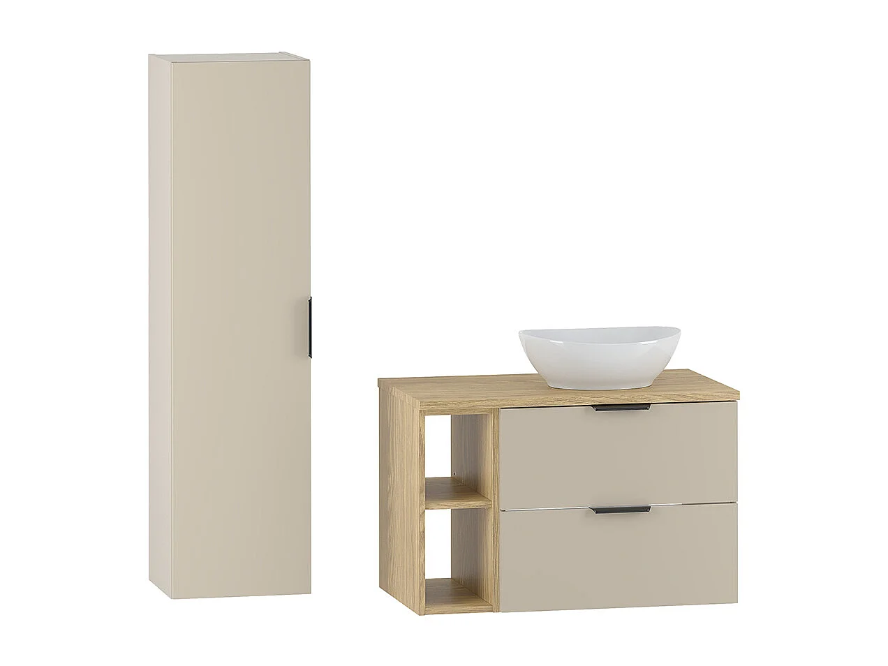 Ensemble meuble simple vasque 80cm 2 niches et colonne Astrid Cachemire et bois
