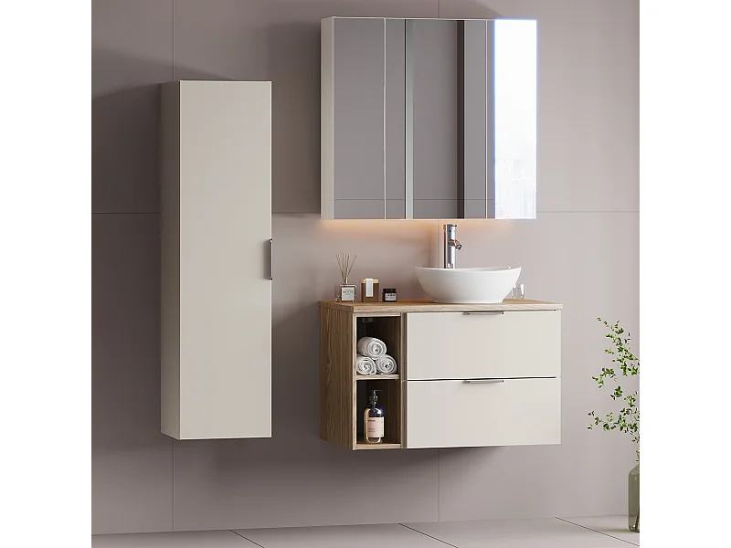 Ensemble meuble simple vasque 80cm 2 niches et colonne Astrid Cachemire et bois