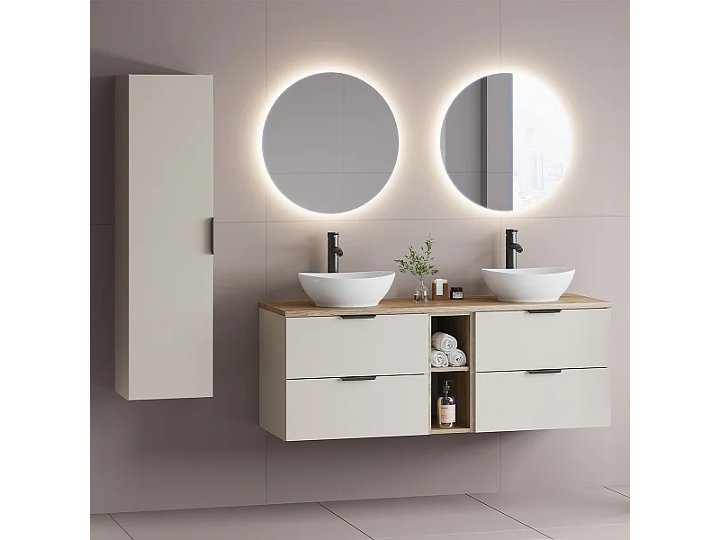 Set Doppelwaschtisch 140cm 2 Nischen und Säule Astrid Kaschmir und Holz