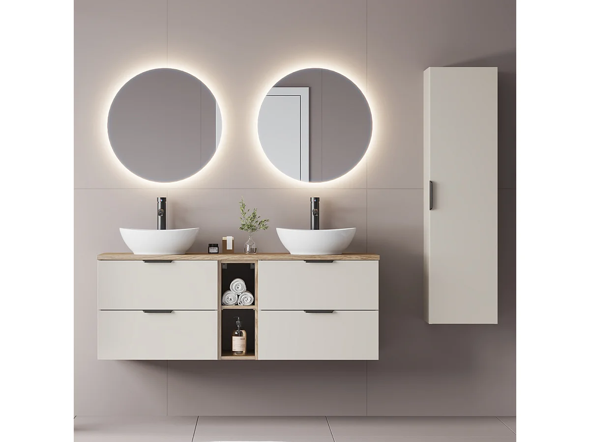 Ensemble meuble double vasque 140cm 2 niches et colonne Astrid Cachemire et bois