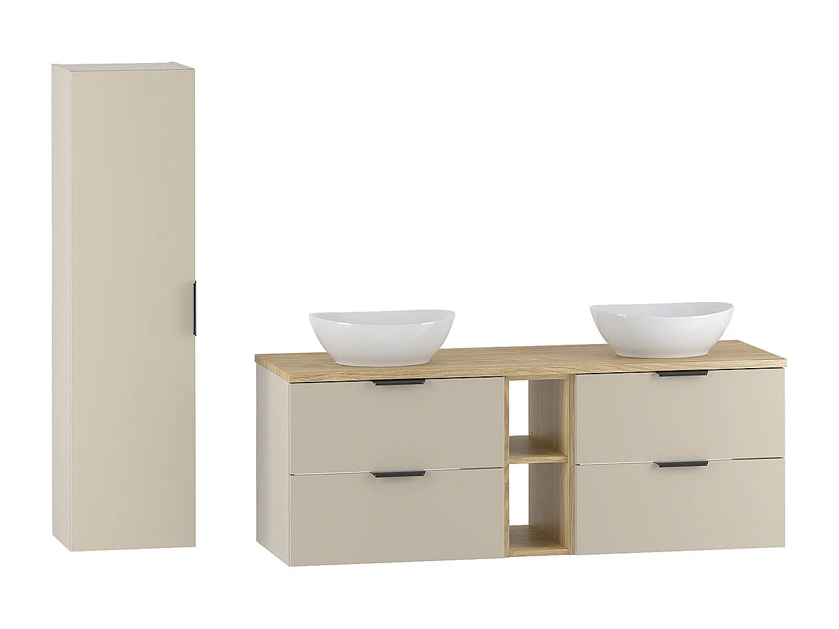 Ensemble meuble double vasque 140cm 2 niches et colonne Astrid Cachemire et bois