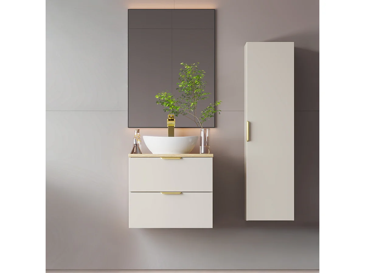 Ensemble meuble simple vasque 60cm et colonne Astrid Cachemire et bois