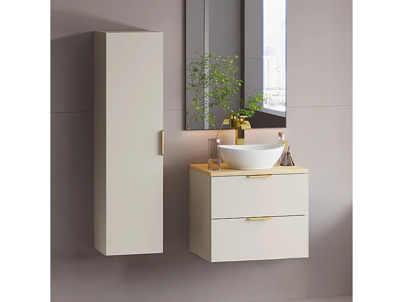 Ensemble meuble simple vasque 60cm et colonne Astrid Cachemire et bois