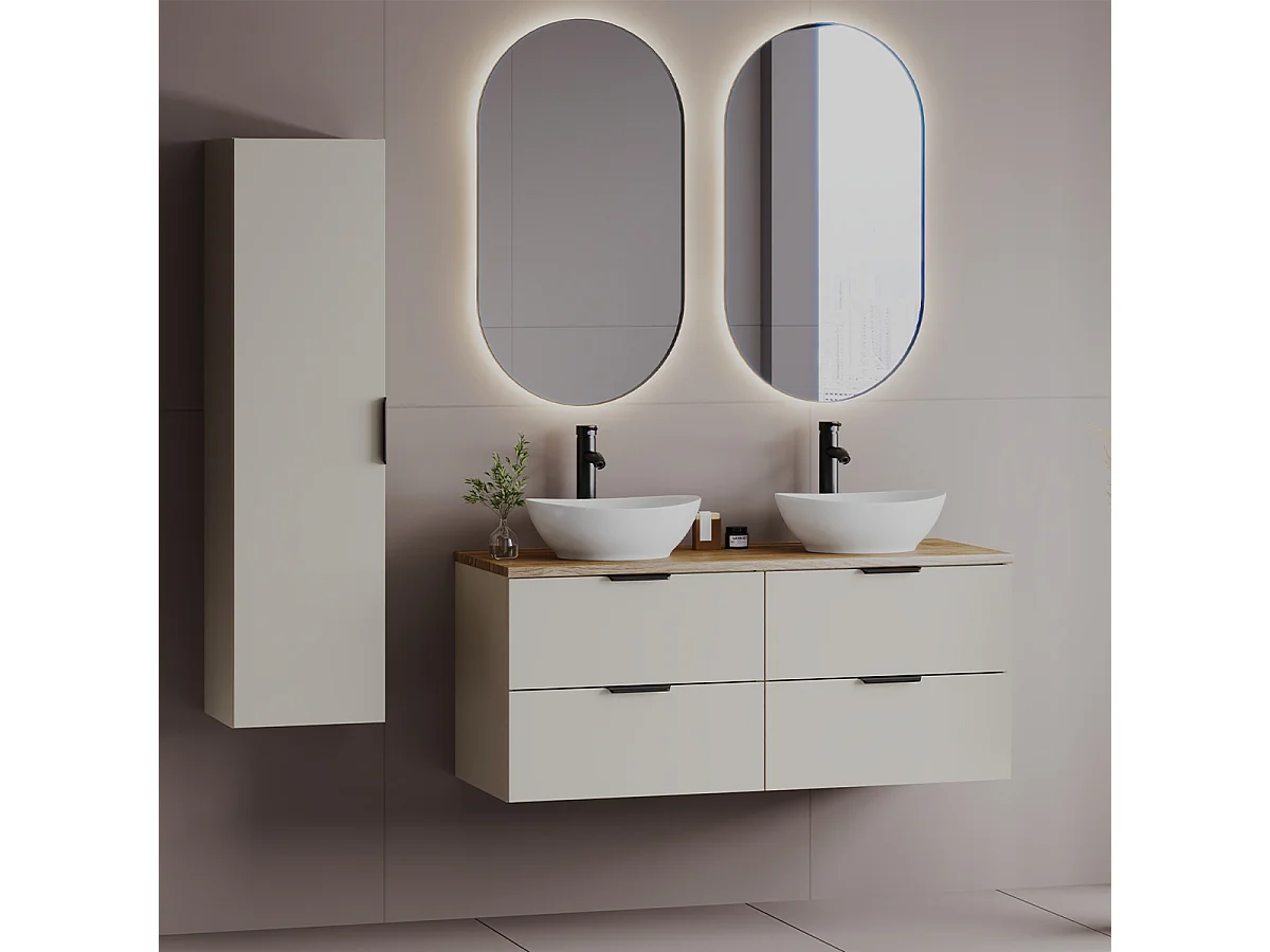 Ensemble meuble double vasque 120cm et colonne Astrid Cachemire et bois