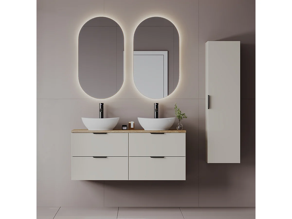 Ensemble meuble double vasque 120cm et colonne Astrid Cachemire et bois