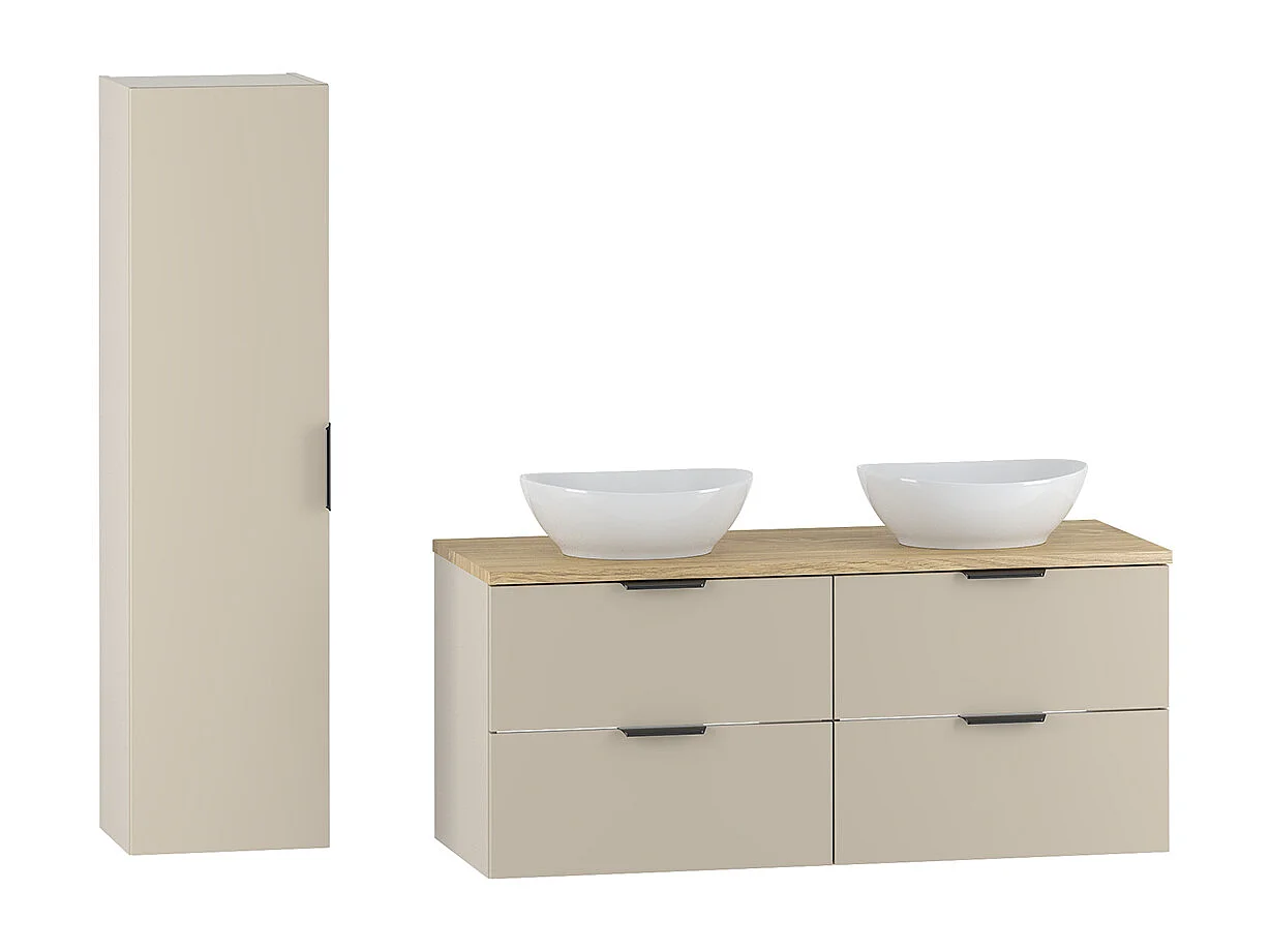 Ensemble meuble double vasque 120cm et colonne Astrid Cachemire et bois