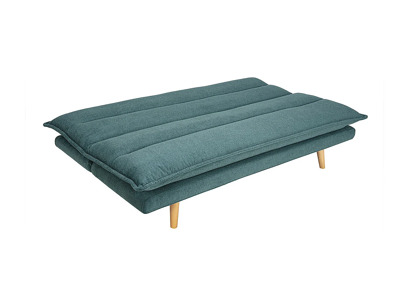 Canapé convertible 3 places en tissu chenille bleu canard et bois clair BINGO