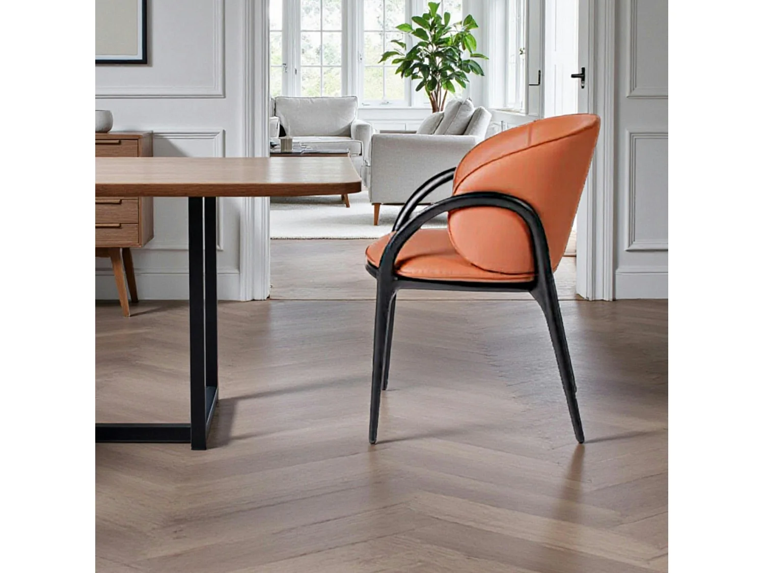 Chaise en cuir terracotta dos rond accoudoirs bois noir ALDER