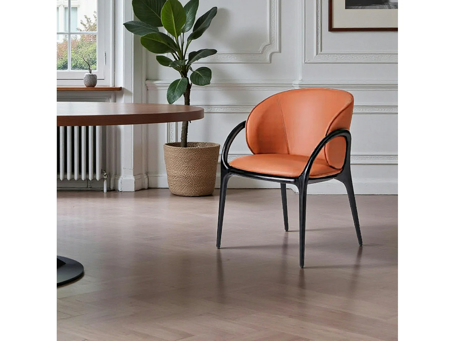 Chaise en cuir terracotta dos rond accoudoirs bois noir ALDER