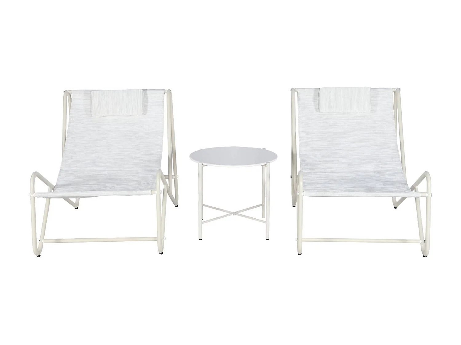 Set di 2 poltrone relax con tavolo rotondo in acciaio, beige