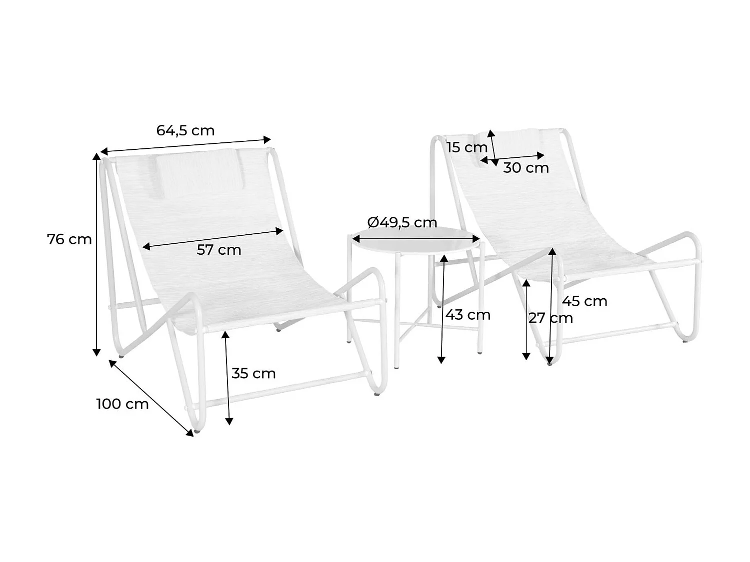 Set di 2 poltrone relax con tavolo rotondo in acciaio, beige