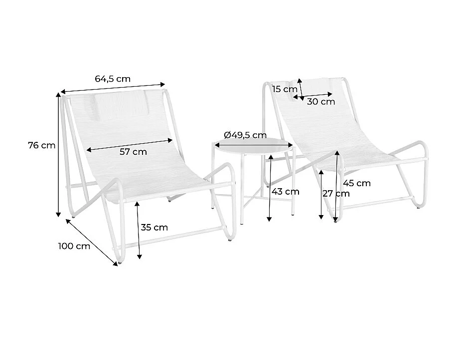 Set di 2 poltrone relax con tavolo rotondo in acciaio, beige