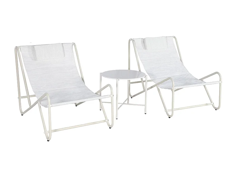 Set di 2 poltrone relax con tavolo rotondo in acciaio, beige