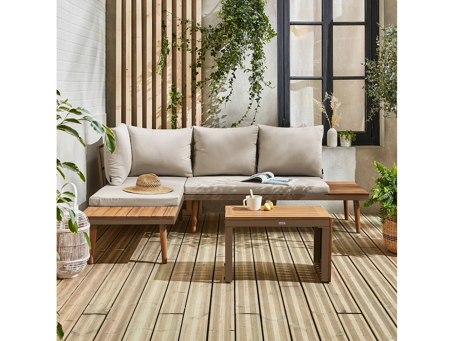 Salon de jardin marron. modulable en aluminium et bois d'acacia. 4 places. Sao Paulo. 140 x 68 x 65cm