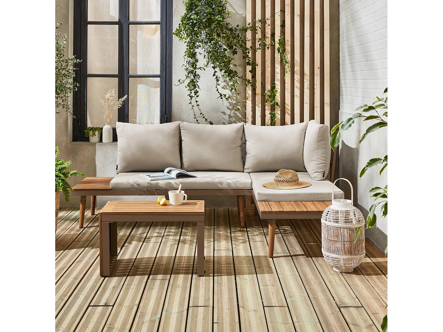 Salon de jardin marron. modulable en aluminium et bois d'acacia. 4 places. Sao Paulo. 140 x 68 x 65cm