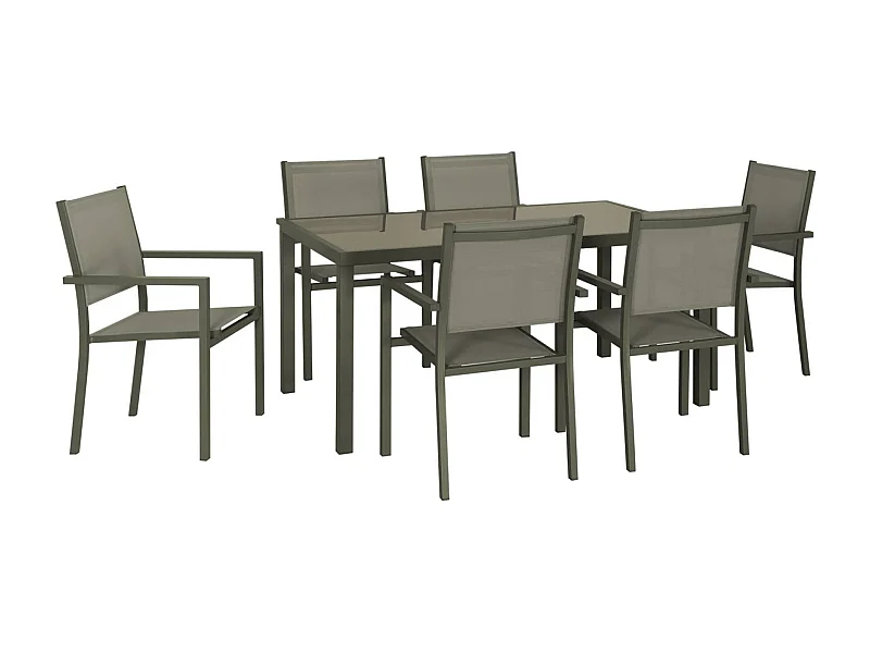 Salon de jardin en aluminium et textilène - Capua - kaki - 6 places - 1 grande table rectangulaire. 6 fauteuils empilables