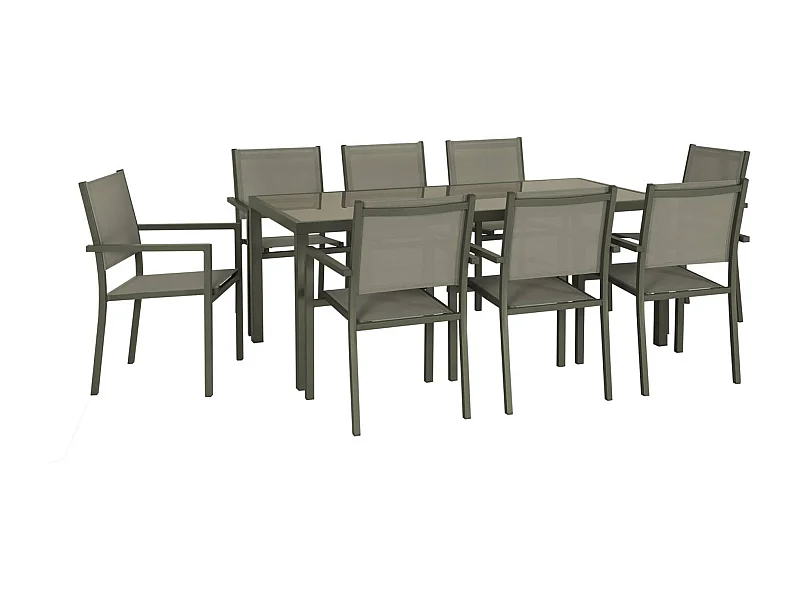 Table de jardin aluminium + 8 assises - Capua 180cm - kaki - 8 places - 1 grande table rectangulaire. 8 fauteuils empilables