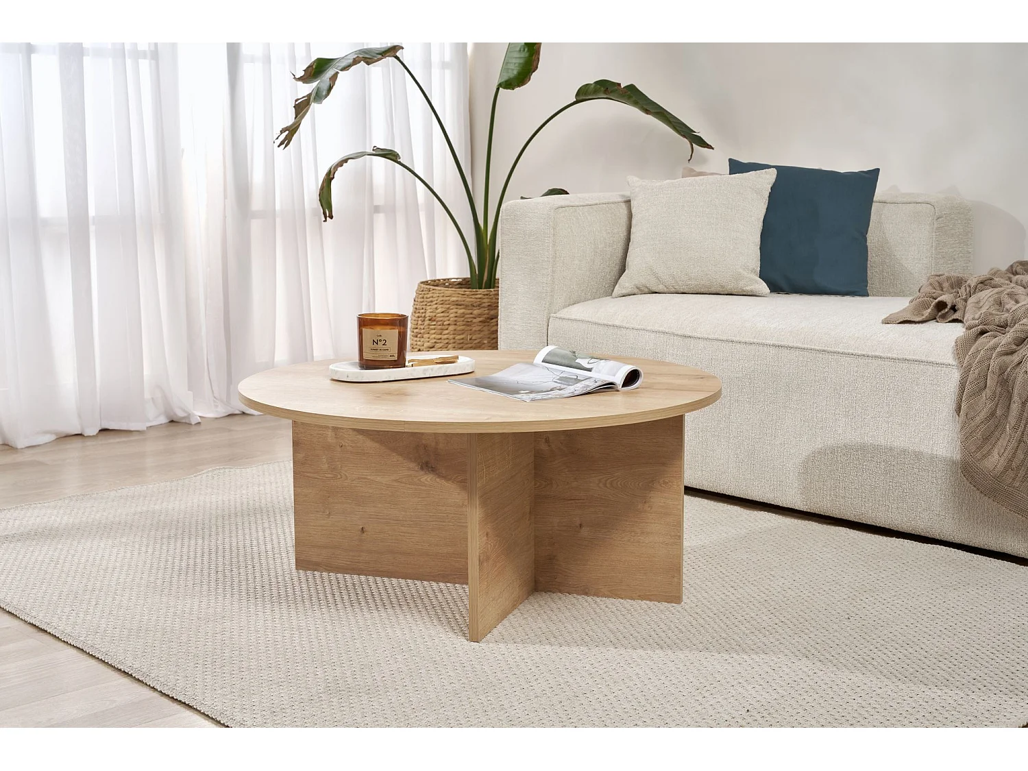 Table basse en bois "Soleil" - 90 x 90 x 40 cm - Chêne Saphir