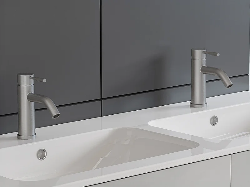 Set aus 2 runden mechanischen Wasserhähnen aus Edelstahl - Nickel gebürstet - H17,3 cm - SALAVAN