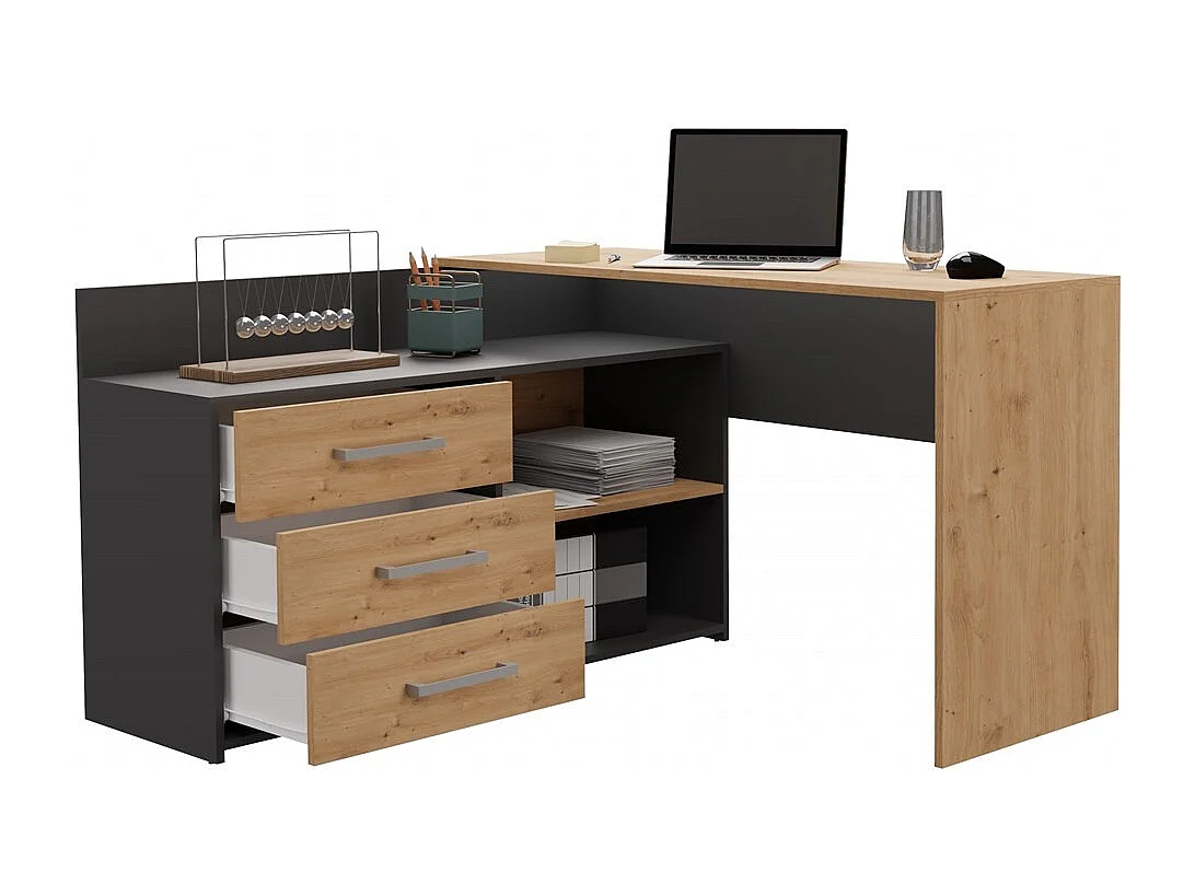 Bureau d'Angle en Chêne Anthracite avec Tiroirs - 120x50x76cm
