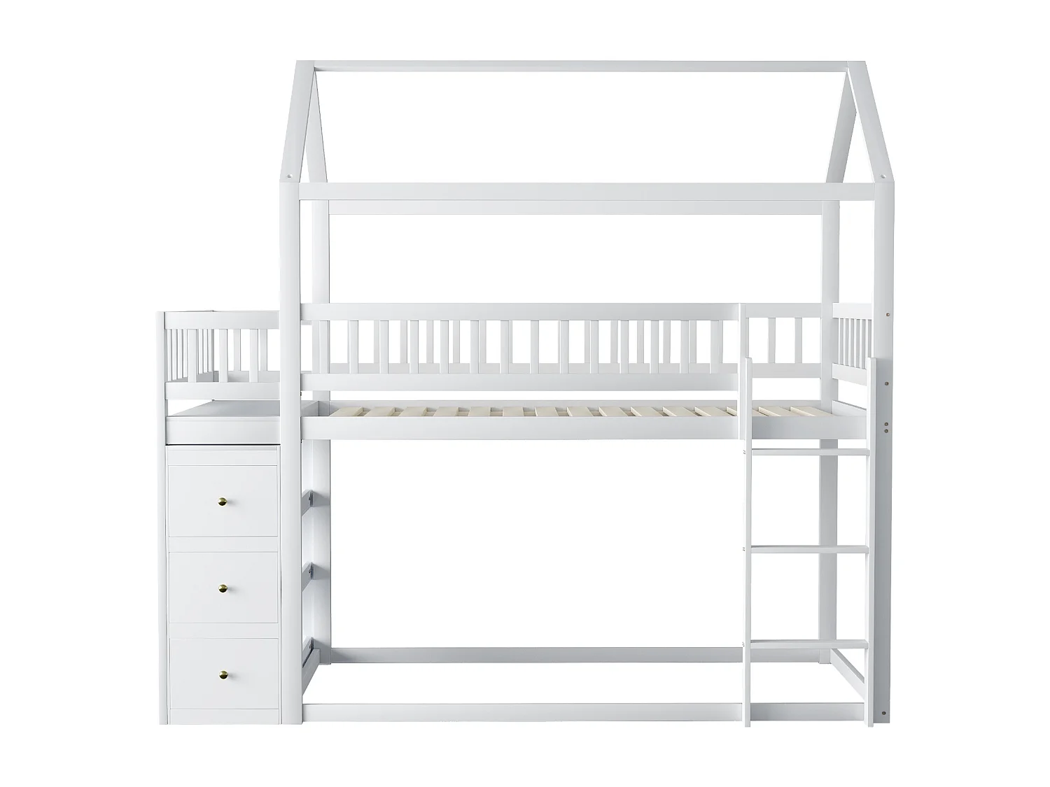 Lit Superposé Enfant 90x200 cm, Forme Maison avec Barrière de Sécurité, Commode et Étageres, Échelle - Cadre en Bois Massif, Blanc