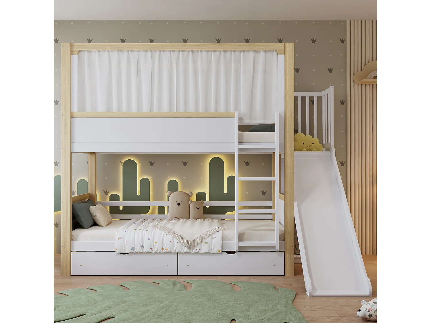 Kinderstapelbed 90x200 cm, 2 lades met wielen, geleider en stoffen gordijn, grenen + MDF + multiplex - wit + naturel