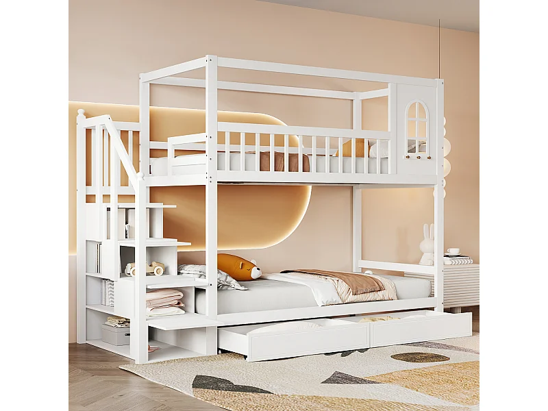 Lit Superposé 90x200 cm, Bois Massif, Forme Maison, avec Tiroirs et Échelle de Sécurité - Blanc