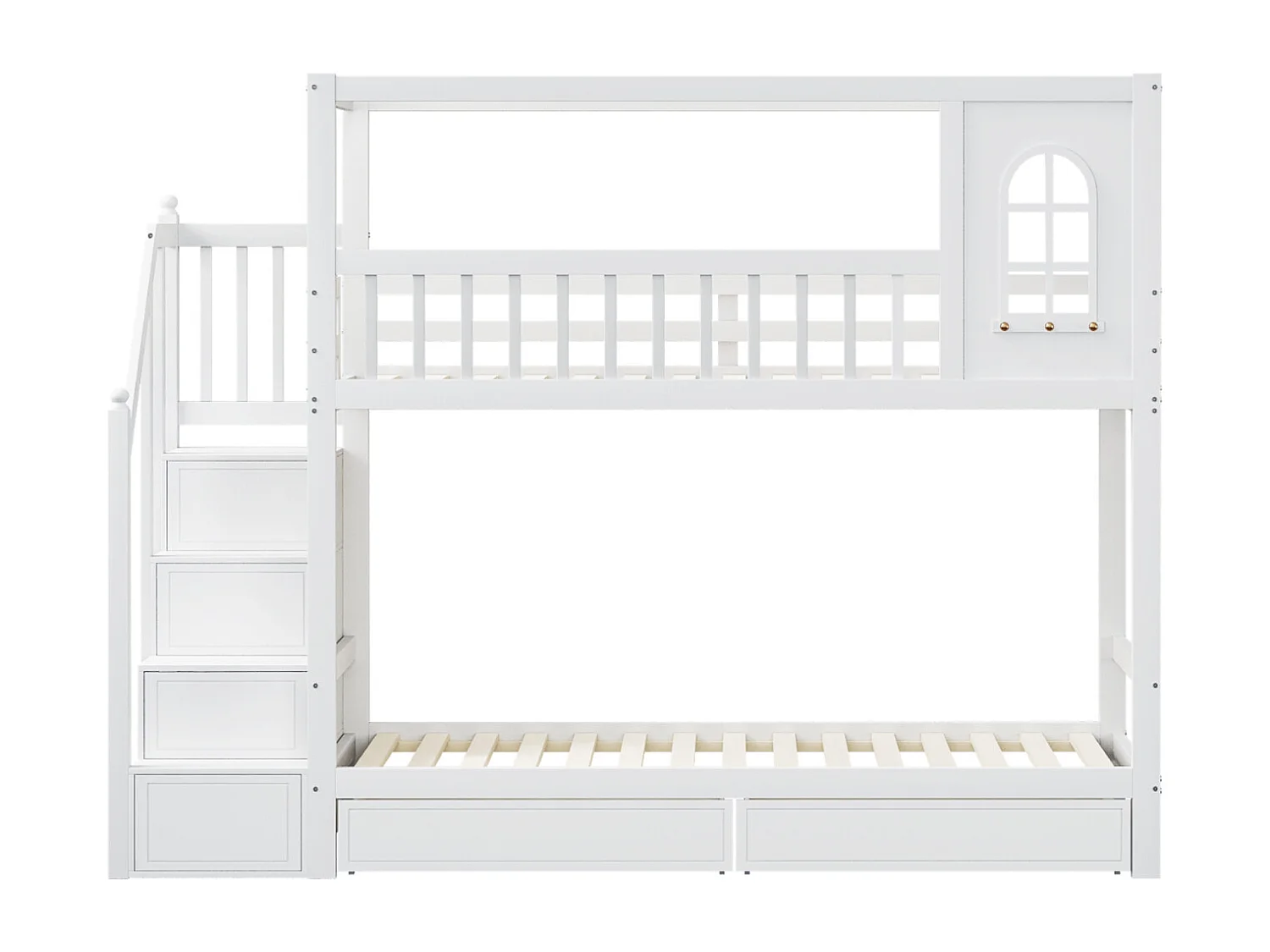 Lit Superposé 90x200 cm, Bois Massif, Forme Maison, avec Tiroirs et Échelle de Sécurité - Blanc