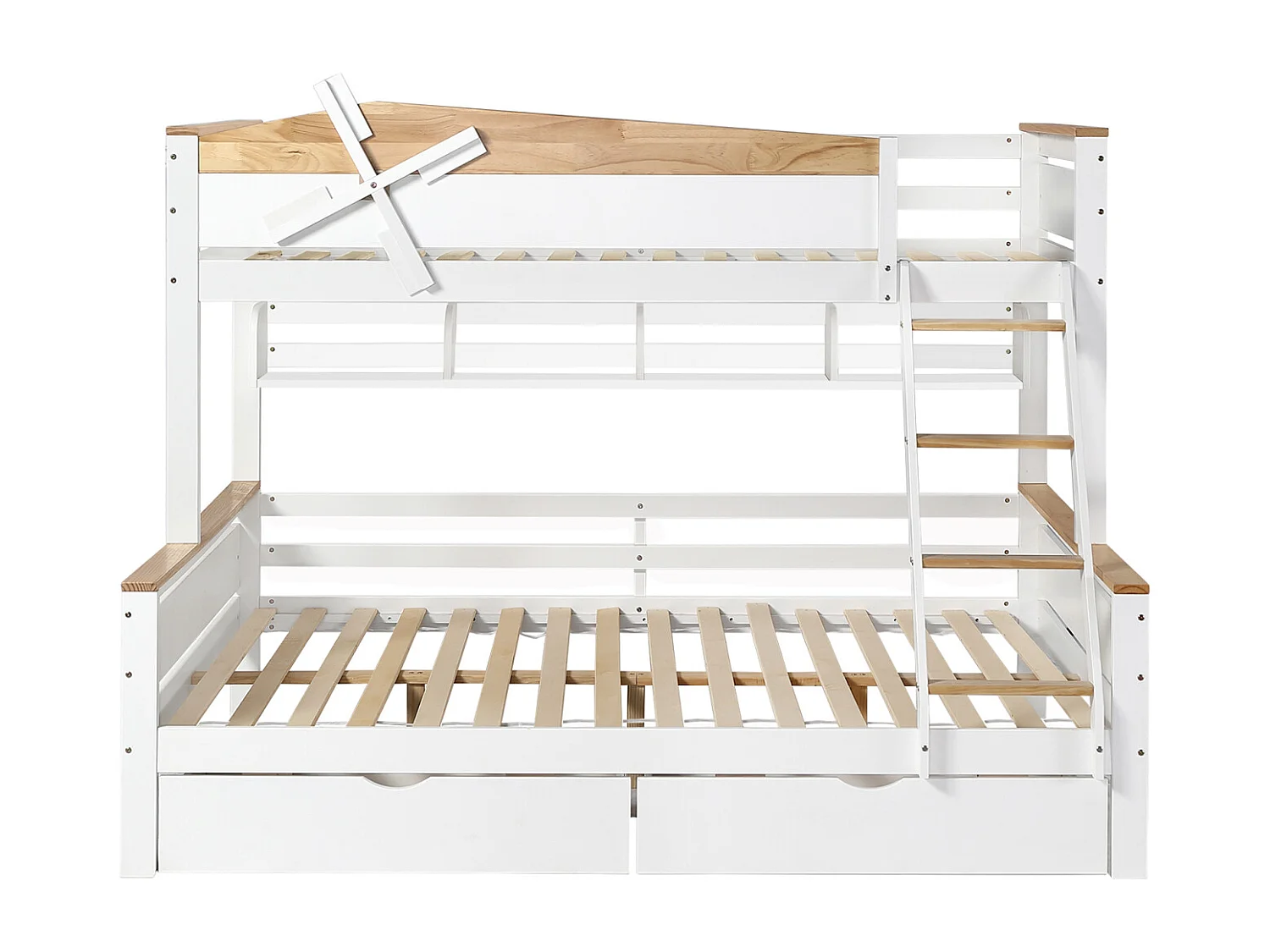 Stapelbed 90x200 cm, windmolenvorm, planken, 4-laags schuine ladder, lades - grenen + MDF, wit + naturel