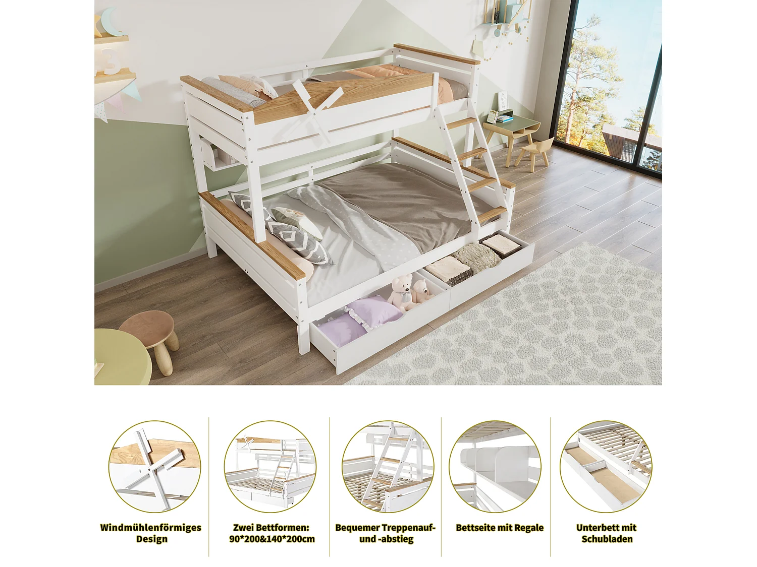 Stapelbed 90x200 cm, windmolenvorm, planken, 4-laags schuine ladder, lades - grenen + MDF, wit + naturel