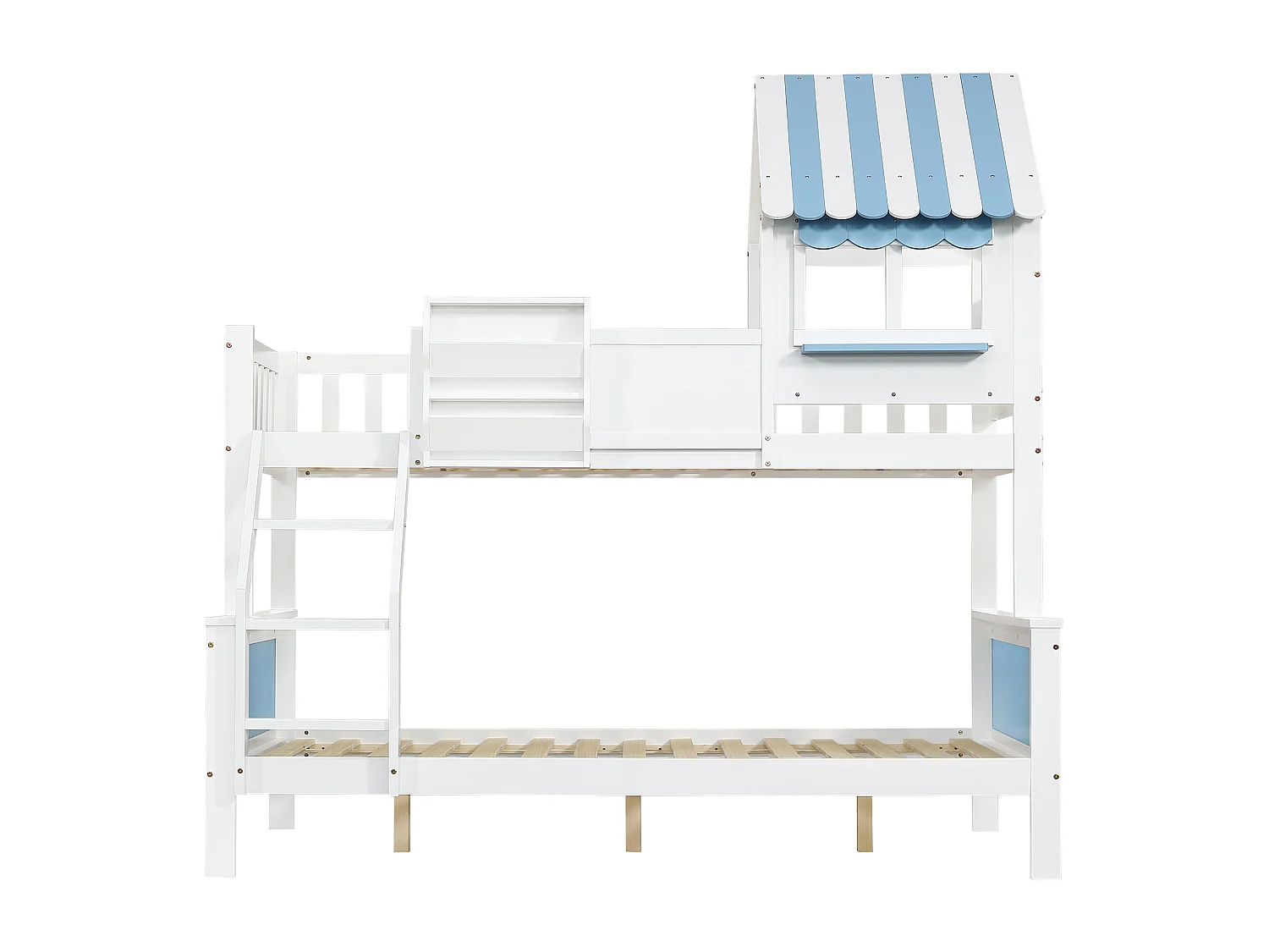 Lit Superposé 90x200 cm, avec Coffre, Échelle à 3 Niveaux, Fenêtre et Graffiti - Pin + MDF, Blanc + Bleu