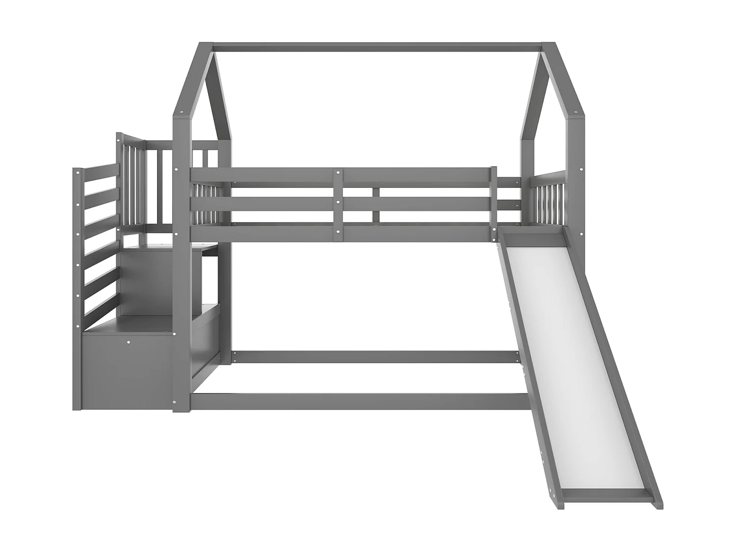 Lit Superposé avec Échelle de Rangement et Toboggan, Lit Maison avec Garde-Corps (Sans Matelas), Adapté aux Enfants et Adolescents - Gris