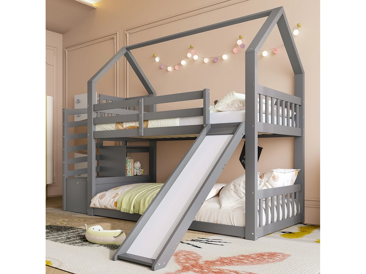 Stapelbed met opbergladder en glijbaan, huisbed met leuningen (matras niet inbegrepen), geschikt voor kinderen en tieners - grijs