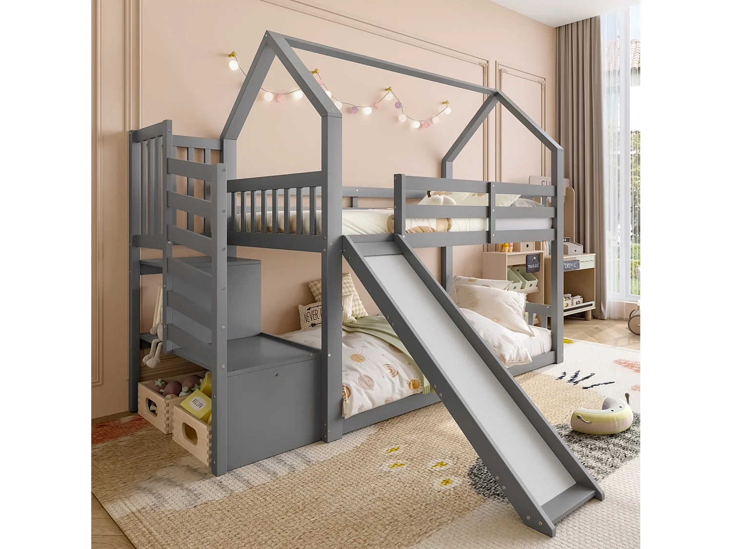 Stapelbed met opbergladder en glijbaan, huisbed met leuningen (matras niet inbegrepen), geschikt voor kinderen en tieners - grijs