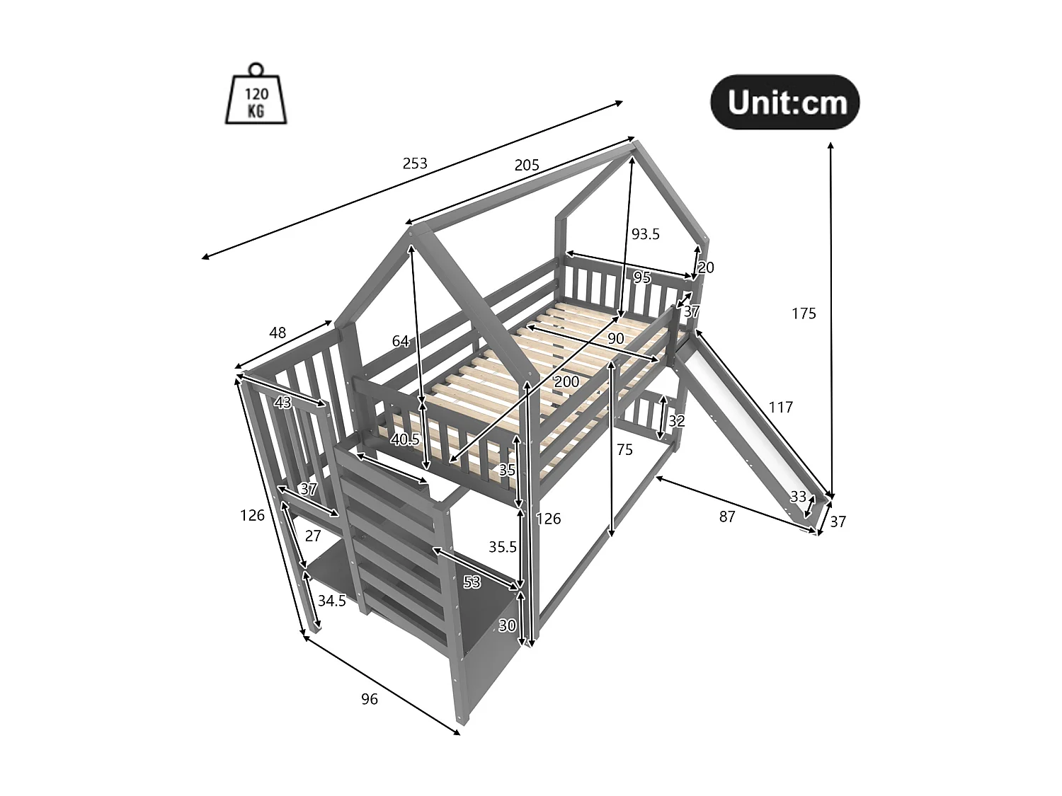 Stapelbed met opbergladder en glijbaan, huisbed met leuningen (matras niet inbegrepen), geschikt voor kinderen en tieners - grijs
