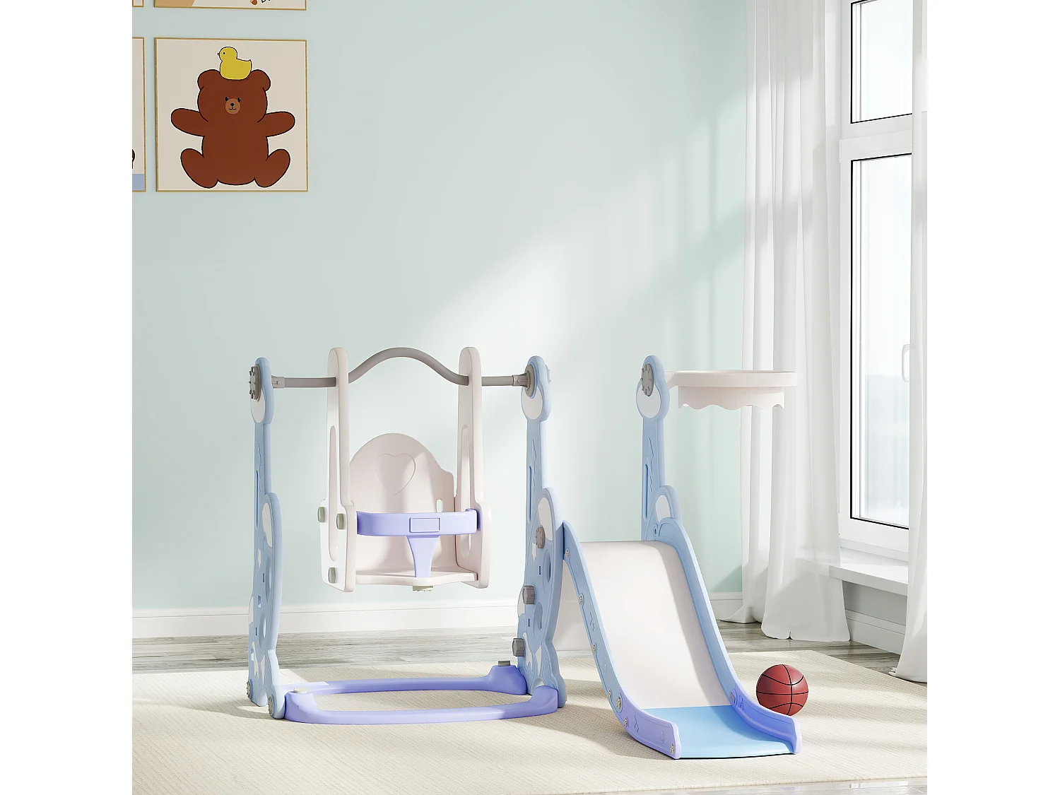 Toboggan balançoire panier basket enfant 3 en 1 design fusée HDPE blanc bleu