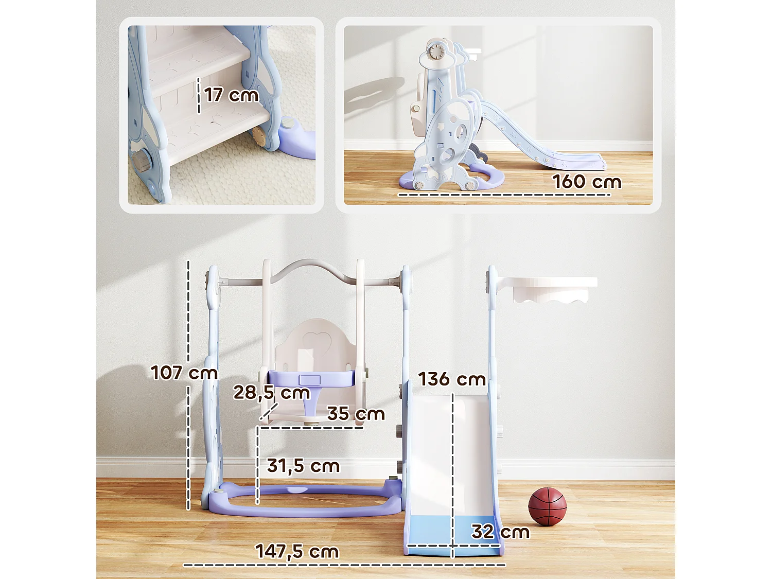 Toboggan balançoire panier basket enfant 3 en 1 design fusée HDPE blanc bleu