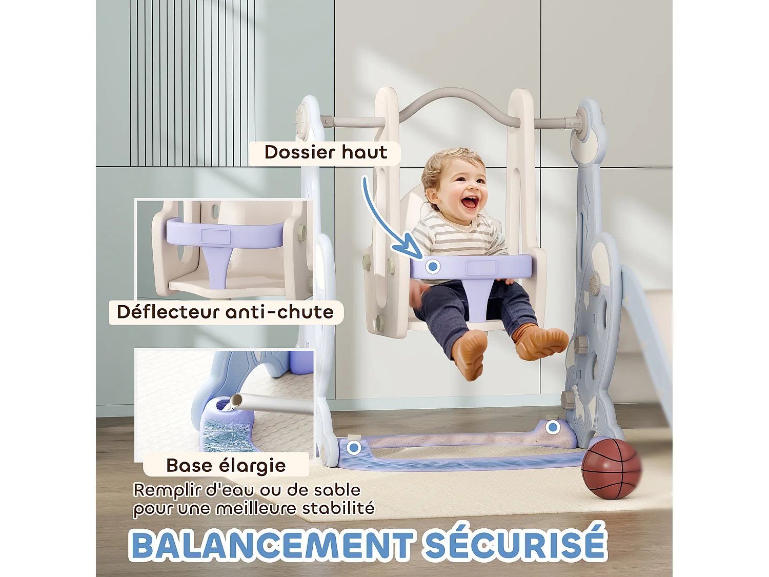 Toboggan balançoire panier basket enfant 3 en 1 design fusée HDPE blanc bleu
