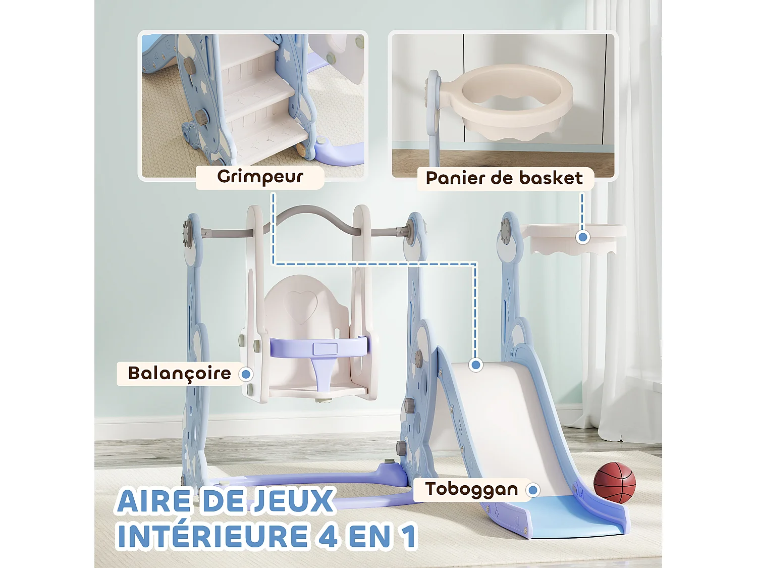 Toboggan balançoire panier basket enfant 3 en 1 design fusée HDPE blanc bleu