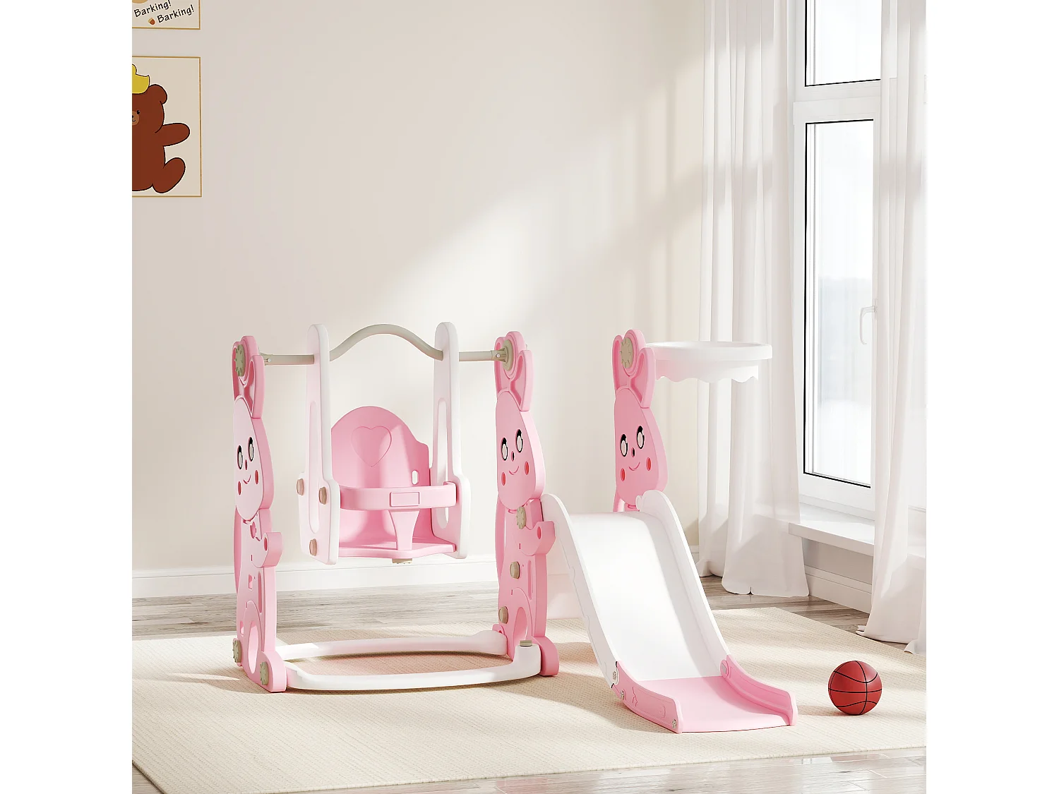 Toboggan balançoire panier basket enfant 3 en 1 design lapin HDPE blanc rose