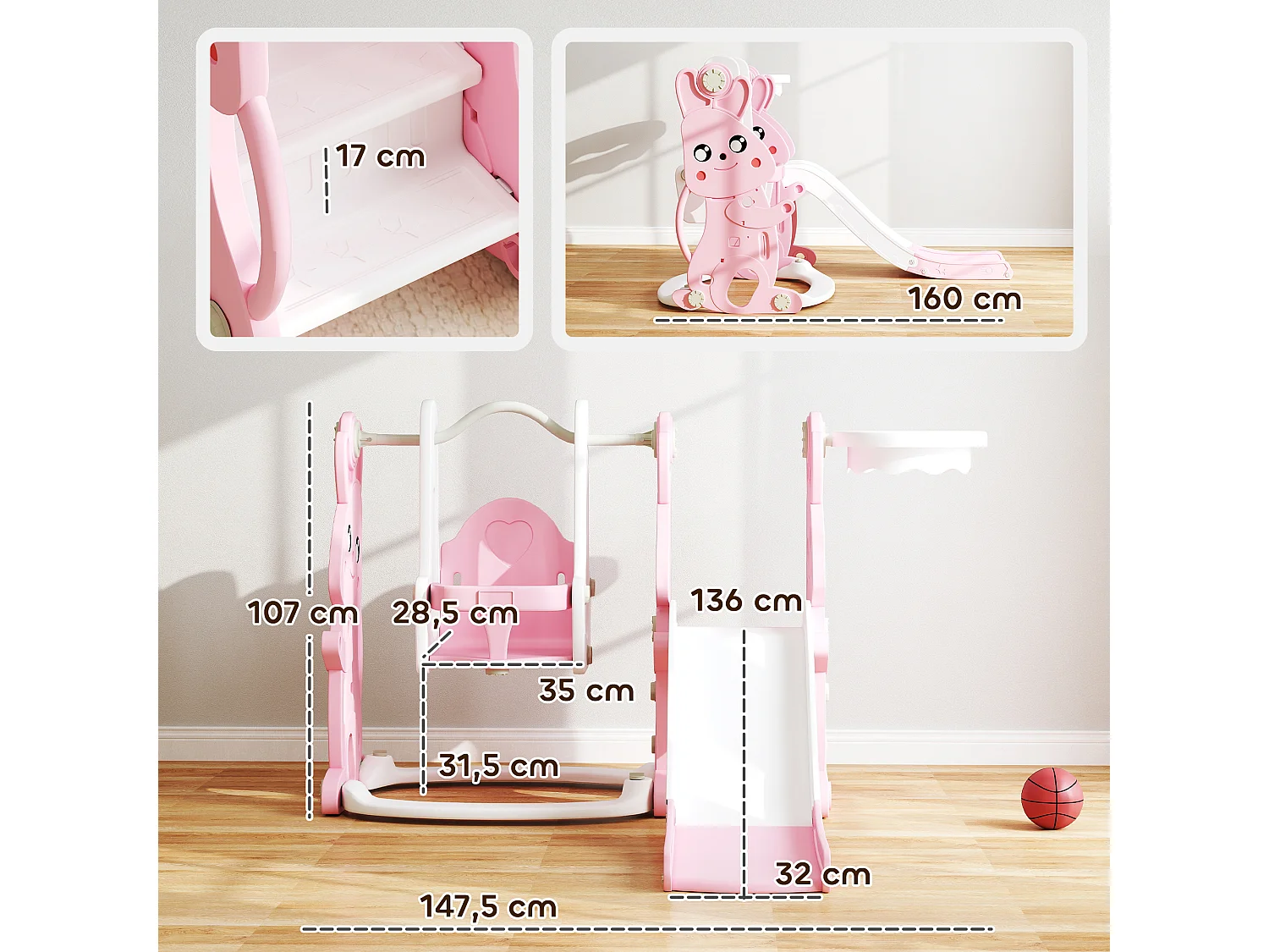 Toboggan balançoire panier basket enfant 3 en 1 design lapin HDPE blanc rose