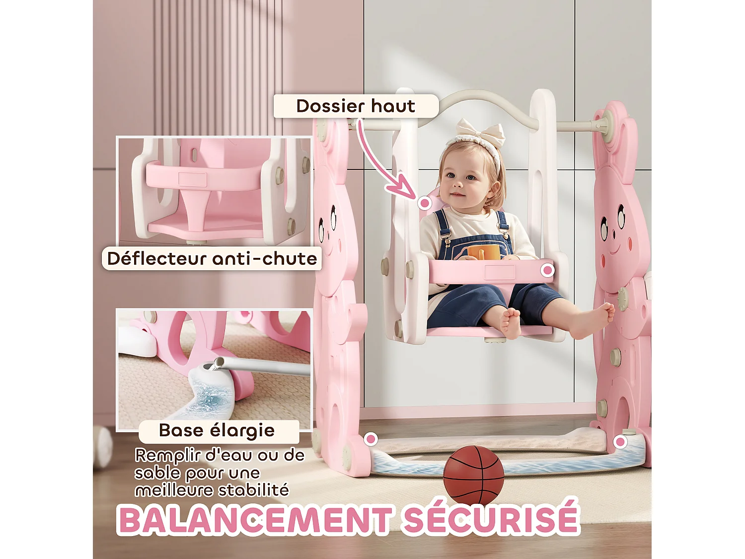 Toboggan balançoire panier basket enfant 3 en 1 design lapin HDPE blanc rose