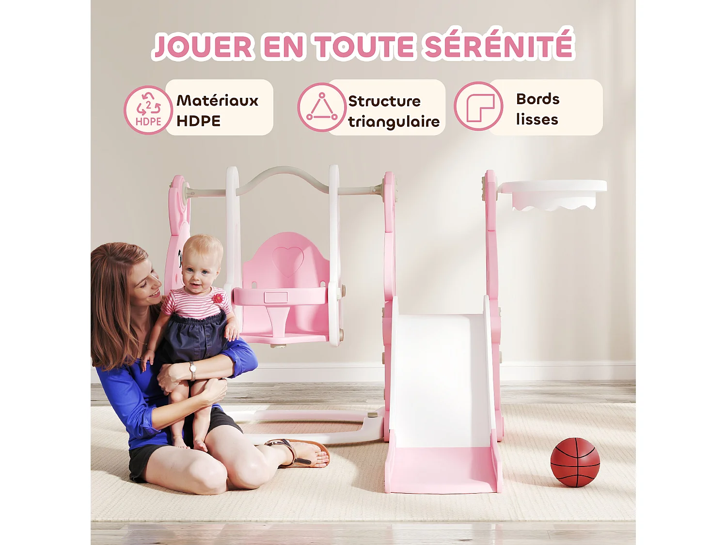 Toboggan balançoire panier basket enfant 3 en 1 design lapin HDPE blanc rose