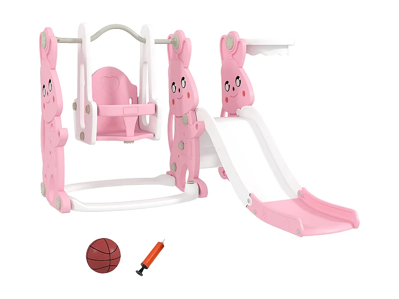 Toboggan balançoire panier basket enfant 3 en 1 design lapin HDPE blanc rose