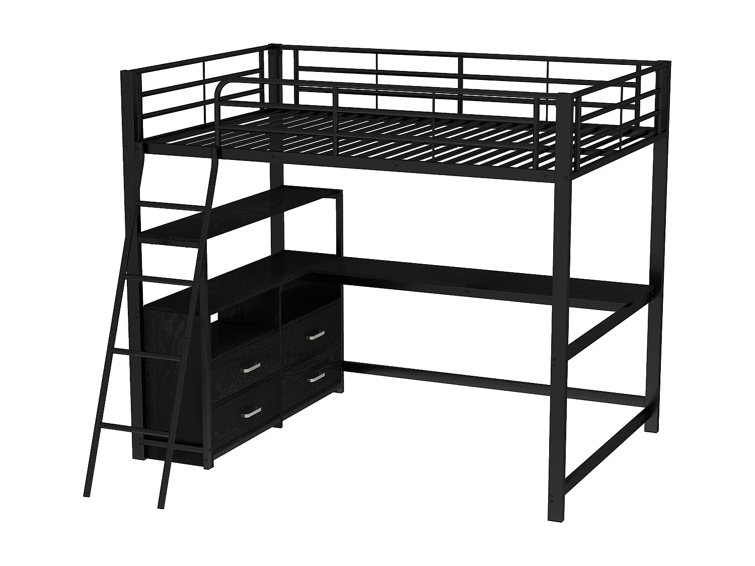Lit Mezzanine 140x200 cm, Cadre en Métal avec Tiroirs Pratiques et Bureau en L Stylé - Design Stratifié, Noir