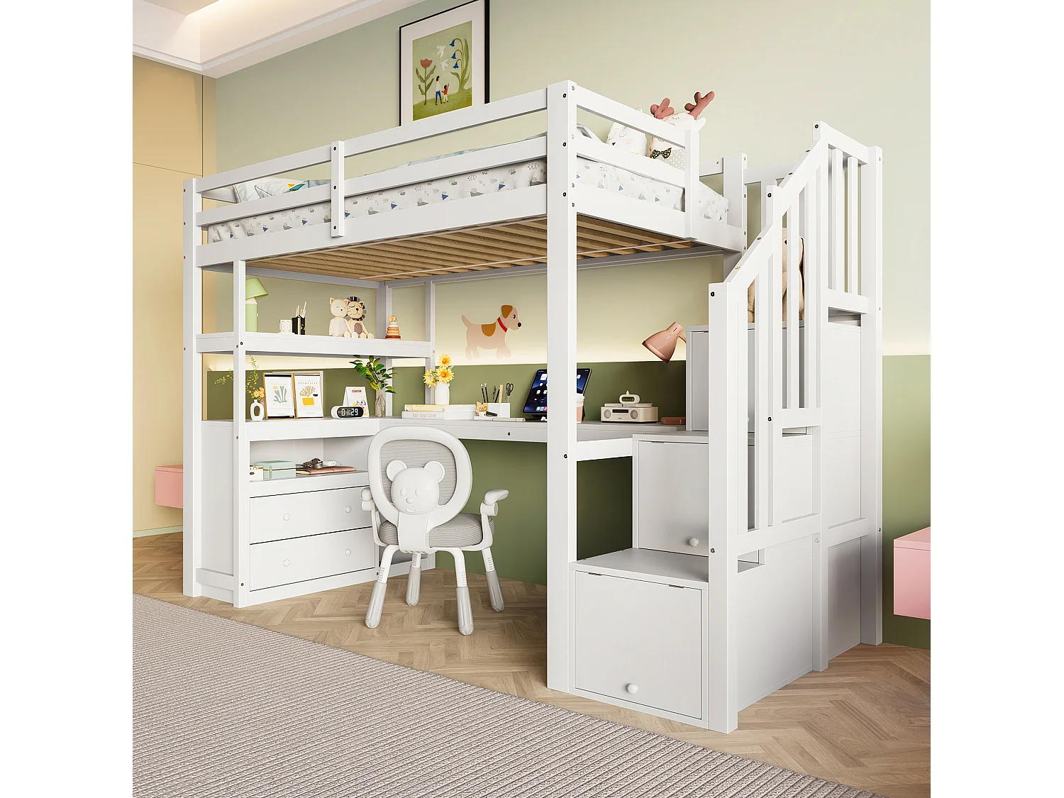 Cama alta de 90x200 cm con escritorio, escalera con almacenaje y 2 cajones - Blanca