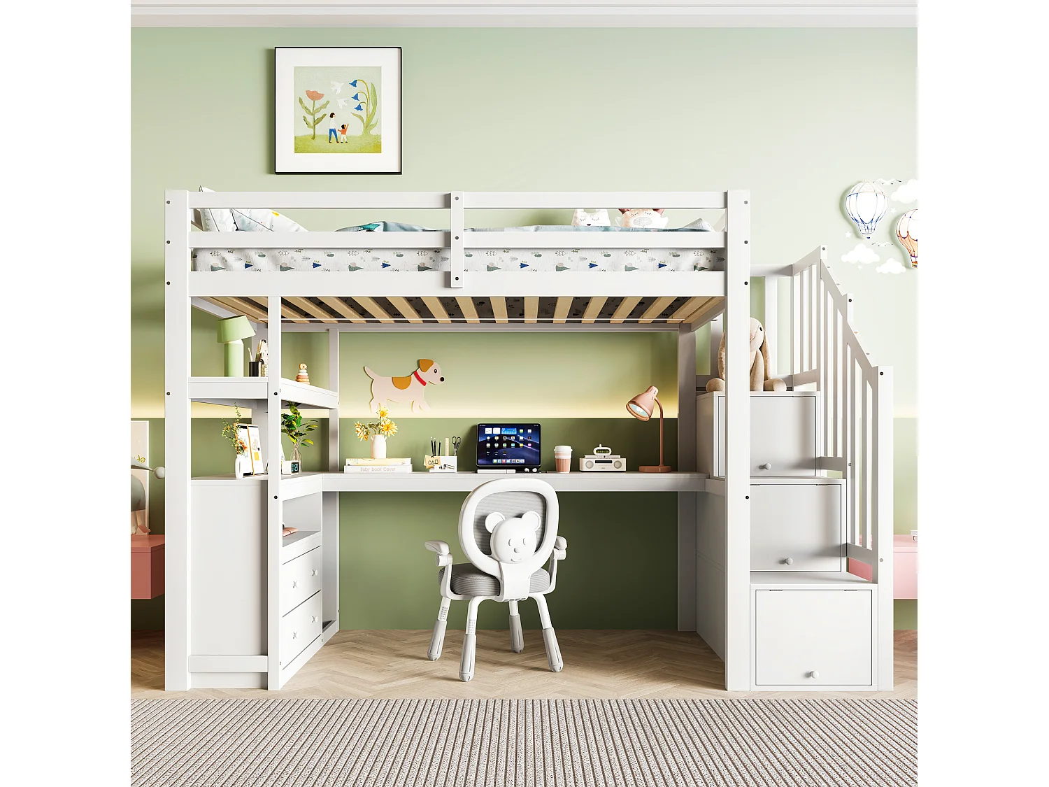 Cama alta de 90x200 cm con escritorio, escalera con almacenaje y 2 cajones - Blanca